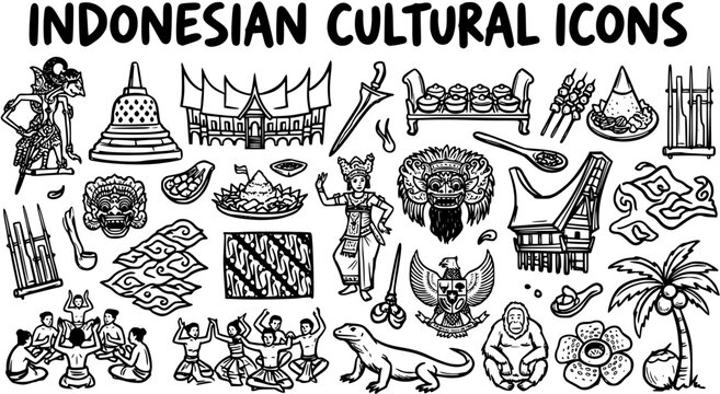 Indonesian Cultural Icons Collection. Hand-drawn Black and White Line Art Doodle Set featuring Traditional Symbols, Nature, and People from Indonesia.