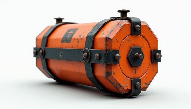 Orange cylindrical training device with black straps. Heavy duty industrial item for military bomb disposal training. Simulated explosive training aid tool.