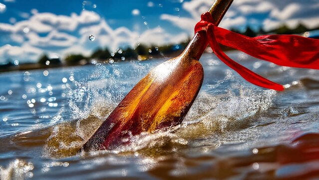 paddle. Dragon boat paddle cutting through water with red ribbon, dynamic action. event key visuals, club posters, designed for fitness apps and gym onboarding, boosts motivation.