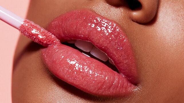 closeup glossy lips with honey amber lip gloss, bronzed beauty lips with radiant glossy shine, luxurious lip gloss application on parted lips