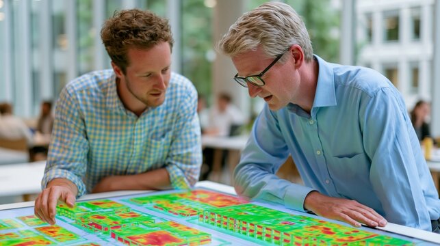 Architect and structural engineer analyzing architectural plans on a digital display table in a modern office environment with large windows and greenery visible outside