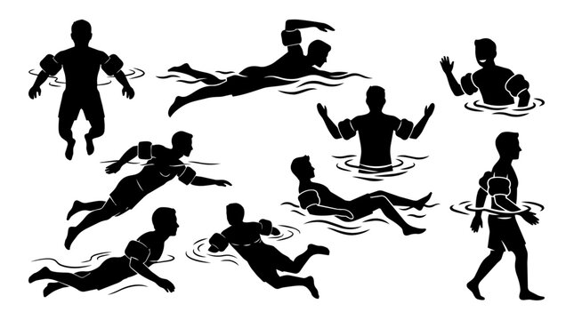 Men wearing inflatable armbands swimming and wading in water in pool or sea