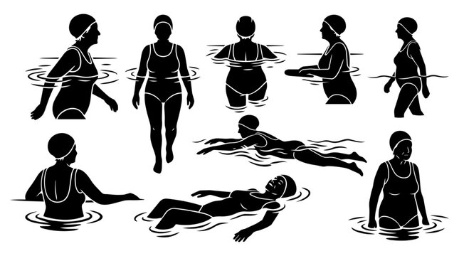 Older women swim in water at pool or sea. Silhouetted figures display varied profiles and relaxed daytime mood