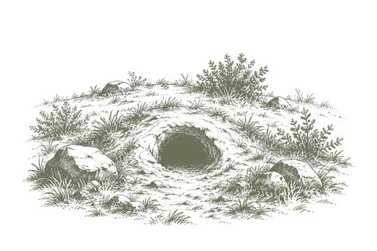 Vintage hand drawn line art style vector illustration set of an animal burrow and underground den in a grassy hill field landscape concept