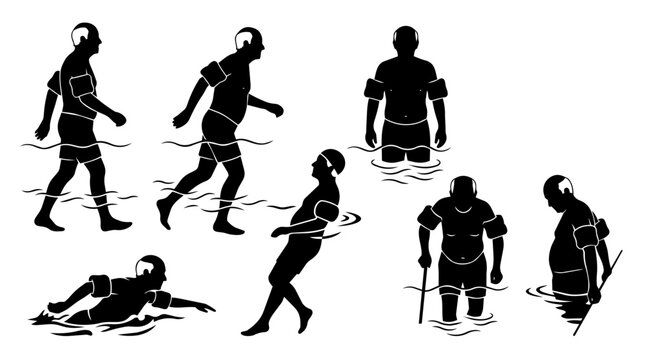 Elderly men wading and walking in a swimming pool wearing flotation armbands. 