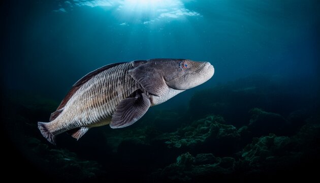 ancient coelacanth fish swims in dark deep ocean water