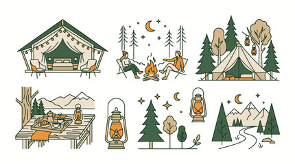 Fototapeta premium Camping and outdoor recreation illustrations set.