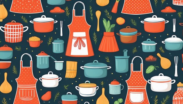 seamless pattern kitchen stuff cooking essentials with aprons pots and utensils for food design projects