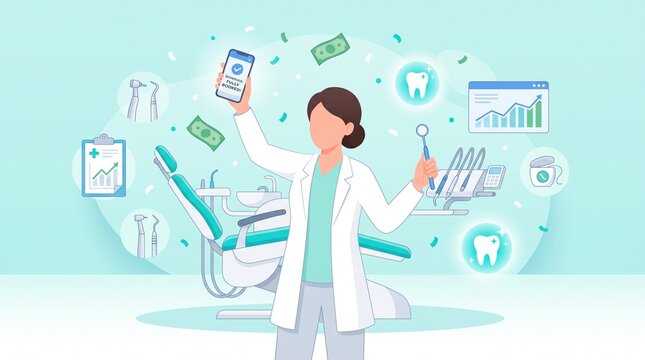 Female dentist efficiently manages a thriving dental practice, leveraging digital financial tools and technology for business growth, streamlined operations, and superior patient care