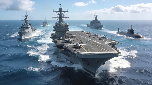 Naval strike group sailing in formation across open ocean. Aircraft carrier with fighter jets on deck leading fleet of warships and submarine.