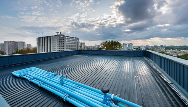 rooftop rainwater tank and blue supply pipes on urban building roof under cloudy sky creating functional industrial scene