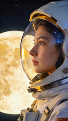 Fototapeta premium Young woman in spacesuit gazing at large moon. Close-up profile of explorer during deep space mission.