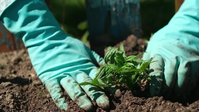 Front camera angle close up of hands in gardening gloves planting green sprout and patting rich soil