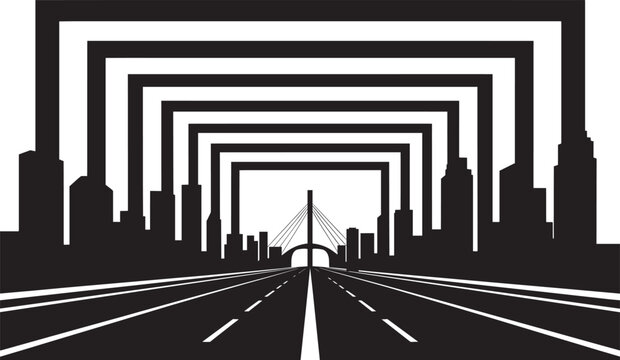 City skyline with a road leading towards a suspension bridge and geometric tunnel effect and straight lines and black and white in outline style