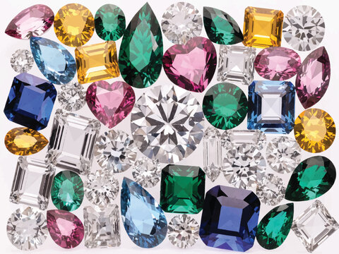 Colorful precious gems and diamonds in various cuts on white background  many sparkling jewels
