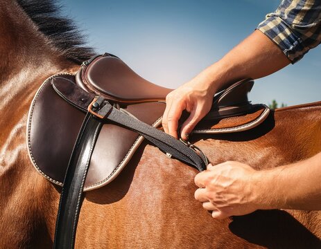 hands tightening saddle girth on a leather saddle outdoors
