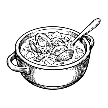 A black and white hand-drawn illustration of a clam chowder soup in a ceramic bowl with seafood shells and a spoon.