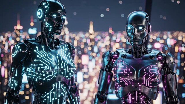 Futuristic Robots Evolving in Neon Cityscape 4K