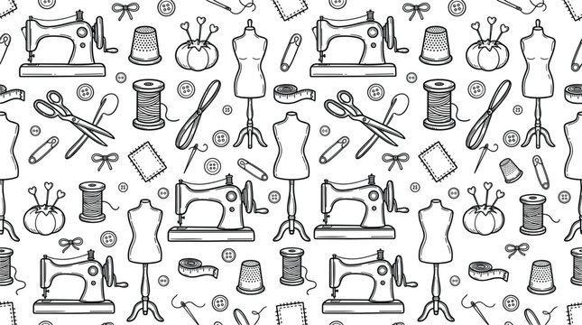 Vintage Sewing and Tailoring Seamless Pattern Vector Graphic with Hand Drawn Line Art Icons of Sewing Machines, Scissors, and Dress Mannequins