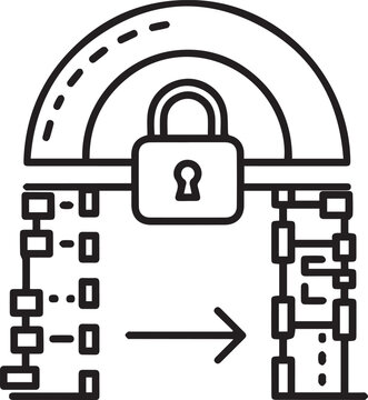 Vector illustration of a padlock on a brick wall gate with an arrow pointing to the right, isolated on transparent background