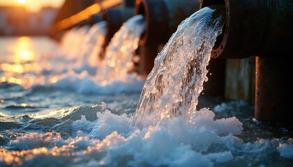 Fototapeta premium Water streams from industrial pipes into ocean at sunset. Metal conduits release fluid into blue sea. Infrastructure provides essential resource for growth and sustainability.