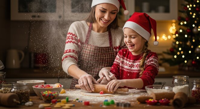 M&atilde;e e filha assando biscoitos de Natal juntas (cena natalina)
