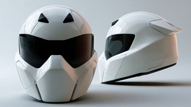 Two modern white motorcycle helmets featuring a futuristic aerodynamic design and dark tinted visors are displayed against a clean neutral grey backdrop in a studio setting