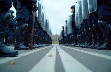Obraz premium Riot police officers in formation stand with shields and batons ready. Law enforcement unit prepares for crowd control training exercise. Security team in tactical gear practices order maintenance.