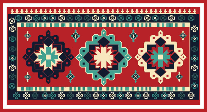 Flat vector illustration of ornamental geometric rug pattern with red background and teal accents