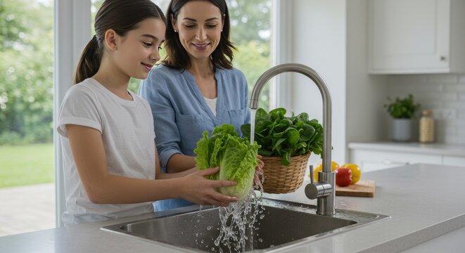 Mulher e menina lavando legumes frescos em uma pia de cozinha moderna e iluminada.