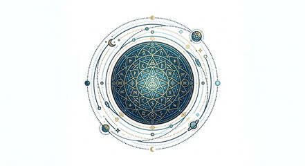 Abstract Celestial Sphere with Orbiting Planets and Stars. © garen