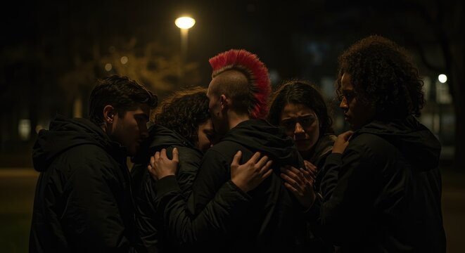 Grupo de pessoas se abra&ccedil;ando ao ar livre &agrave; noite sob a luz de um poste.