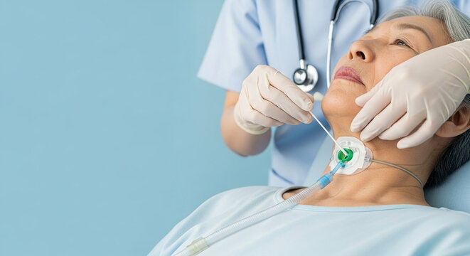 Caring for the elderly senior aging patient with tracheostomy tube, healthcare professional providing medical assistance for breathing difficulties