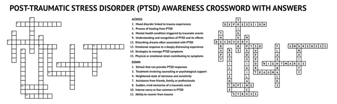 PTSD awareness crossword puzzle with answers, educational and engaging activity
