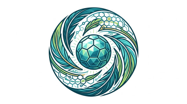Abstract Circular Design with Soccer Ball and Feather Motifs.