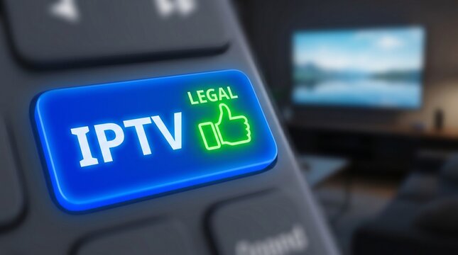 Blue IPTV button with a legal thumbs up sign on a remote control, isolated on a white background. Perfect for media.
