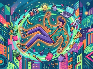 Fototapeta premium Vibrant digital nomad: exploring creativity and innovation in a whimsical urban landscape