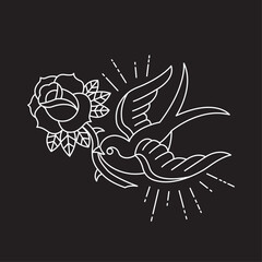 Chalkboard Style White Line Swallow Bird and Rose Tattoo © sahil