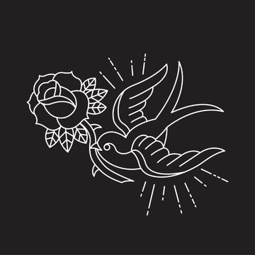 Chalkboard Style White Line Swallow Bird and Rose Tattoo