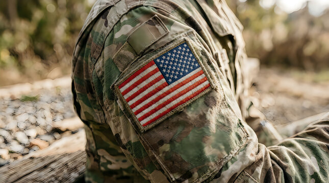 American Flag Patch on Military Helmet &ndash; USA Army Camouflage Patriotic Close-Up