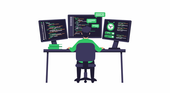 Software Developer Working on AI Chatbot Code with Triple Monitor Setup Flat Vector Illustration