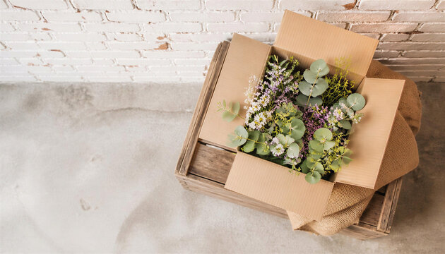 Box of fresh greenery with succulent plants on concrete background  