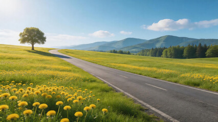 Naklejka premium Winding rural asphalt road through dandelion-filled green meadow with solitary tree and mountain horizon, ideal for travel, wellness, and corporate branding visuals