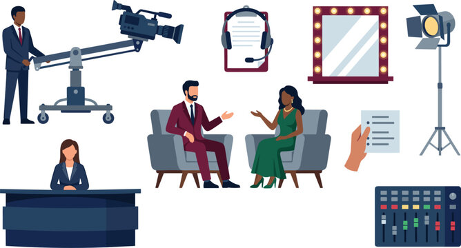 Television Studio Interview and Talk Show Vector Set featuring Presenters News Anchor Crane Camera Spotlight and Sound Mixer Elements for Media Broadcasting Designs