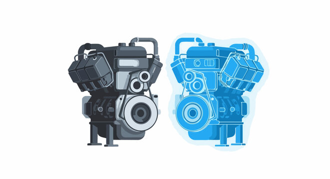 Internal Combustion Car Engine with Glowing Blue Digital Twin Hologram Wireframe Representation. Flat Vector Illustration for Automotive Engineering and Technology.
