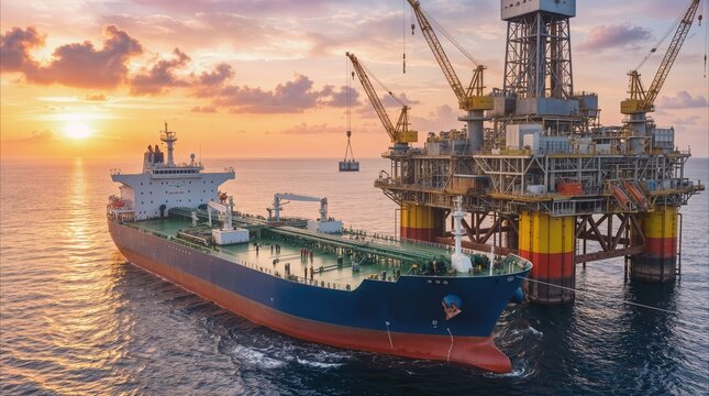 Oil tanker ship moored alongside offshore drilling platform for fuel transfer. Industrial maritime operation at sea during sunset.