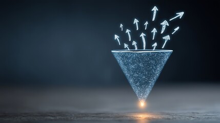 Fototapeta na wymiar Inverted funnel glowing with arrow flow symbolizing funnel research and conversion optimization, light source and particle effect representing data insight and traffic movement.