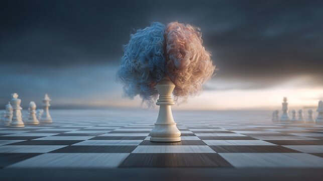 A chess pawn with a two tone brain cloud atop on a chessboard symbolizing mind training to avoid alcheimers, strategy, cognitive exercise and memory preservation.