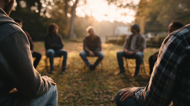 Outdoor group therapy session with seated participants around a facilitator, symbolizing support community and addiction treatment recovery.