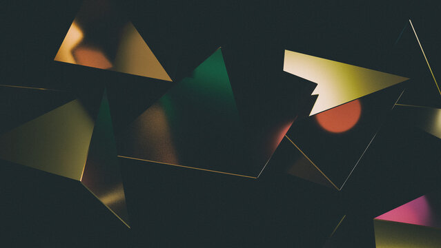 Futuristic low-key composition with sharp polygonal structures, subtle neon glow, and light leaks in green, pink, and orange tones. Grainy texture adds a cinematic, retro-futuristic feel. 3D rendering